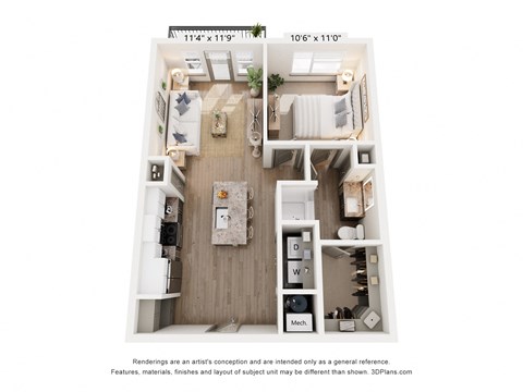Floor plan for 1 bed, 1 bath, 850 sqft